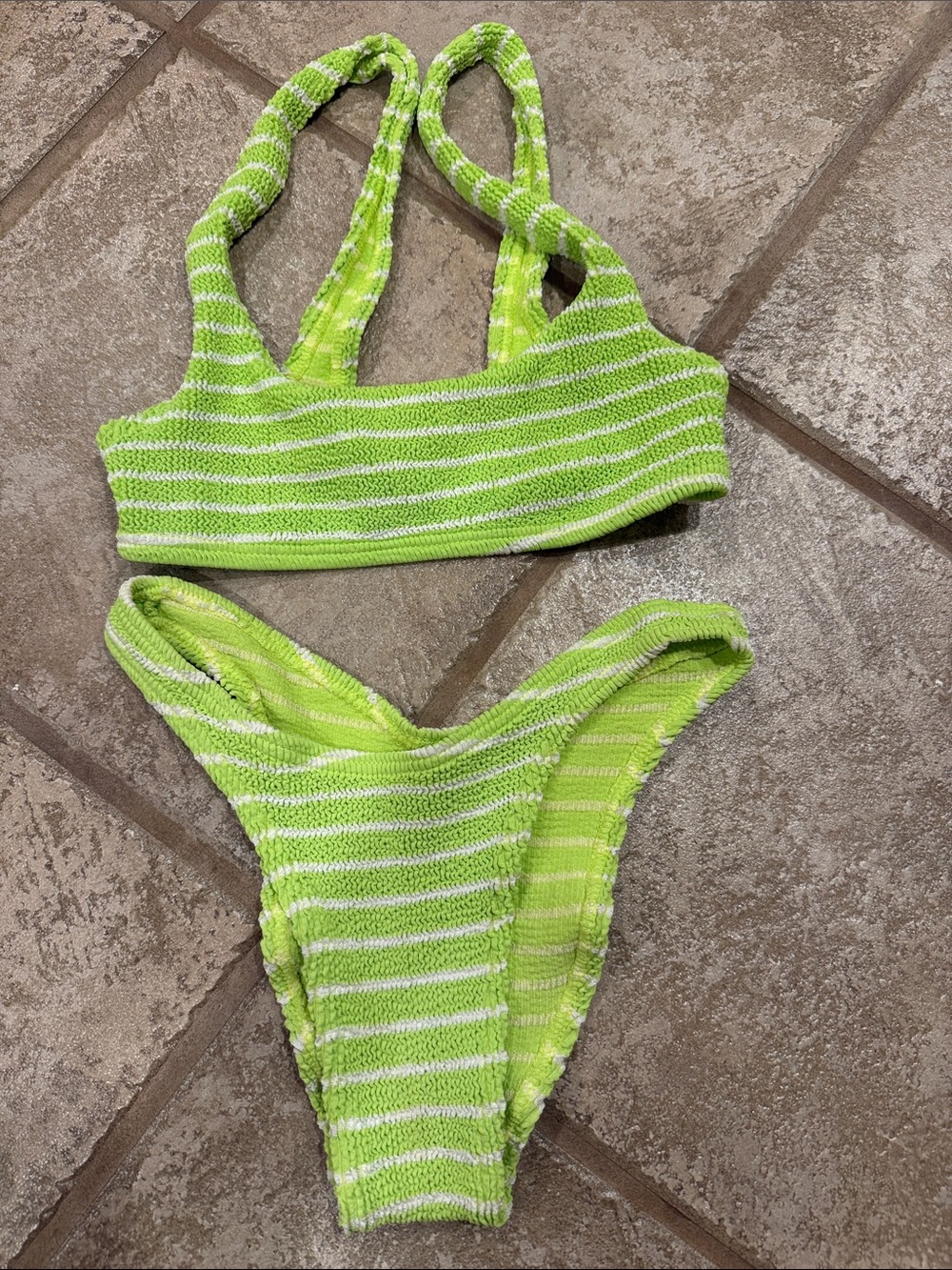 bond-eye Lime Green & White Striped Bikini Set